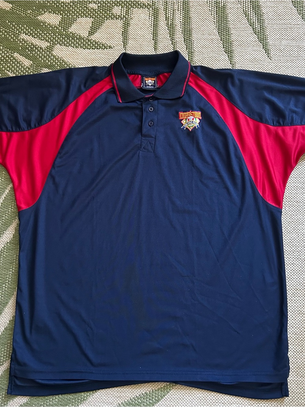 Cooperstown Men's Navy Polo with Red Raglan Panels and Embroidered Logo